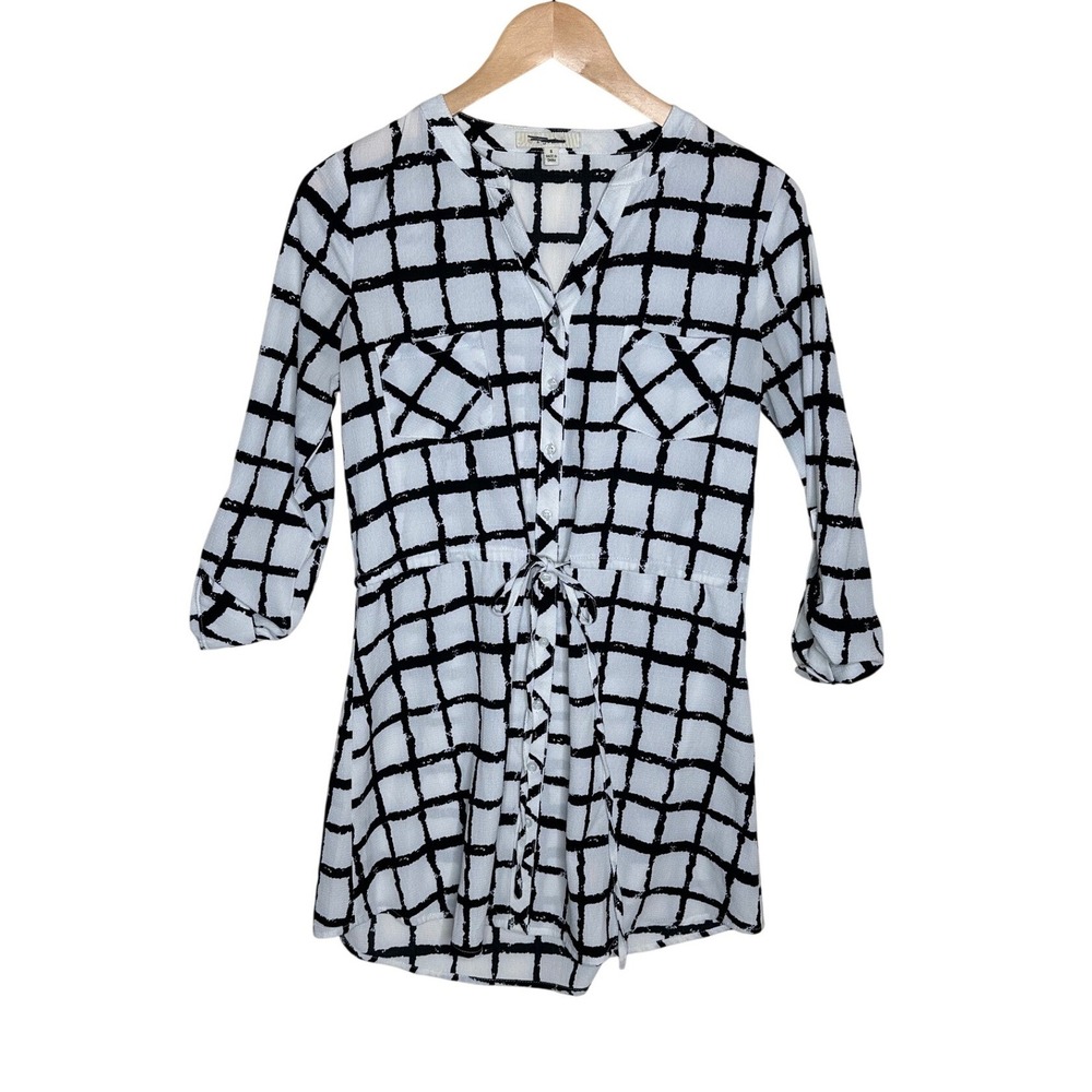 I Joah Windowpane Grid Plaid Roll Tab Button Down Mini Dress size Small White